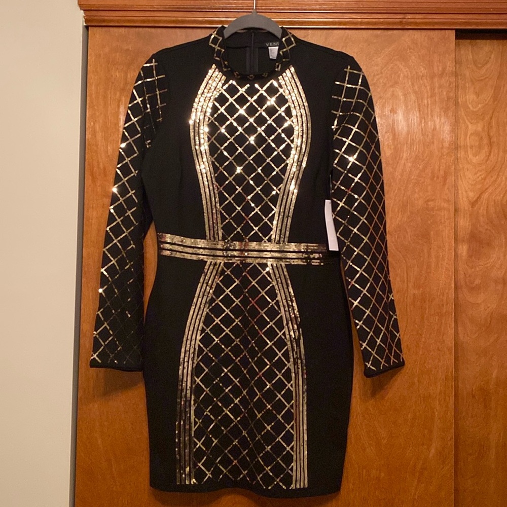 Venus party dress.  Black with gold sequins.  Very flattering.  NWT.
